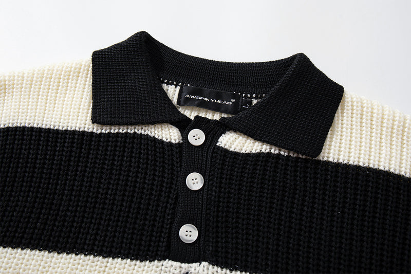 Black and White Striped Sweater – Polo Collar Knit Rugby Pullover