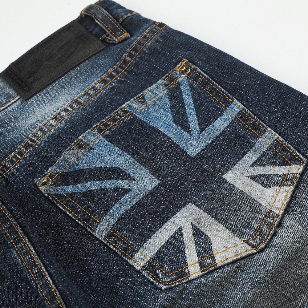 Men's Washed Distressed Straight-Leg Jeans with Union Jack Back Pockets