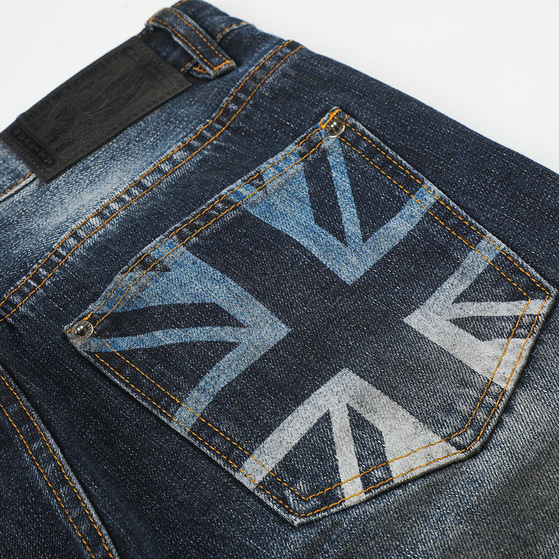 Men's Washed Distressed Straight-Leg Jeans with Union Jack Back Pockets