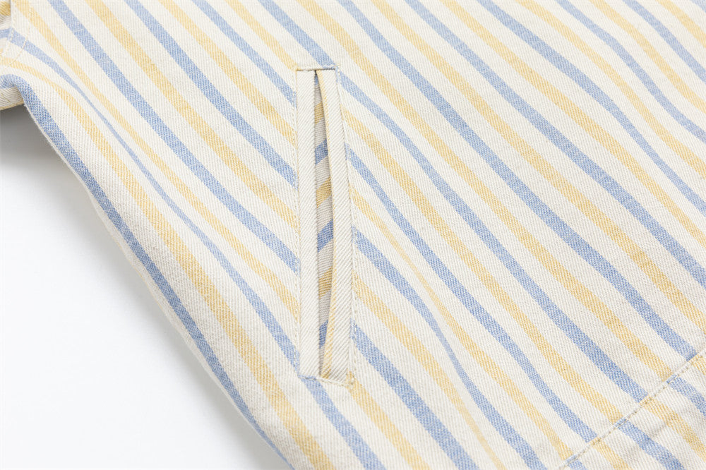 Striped Zip-Up Workwear Jacket – Relaxed Fit Retro Shirt Collar Outerwear