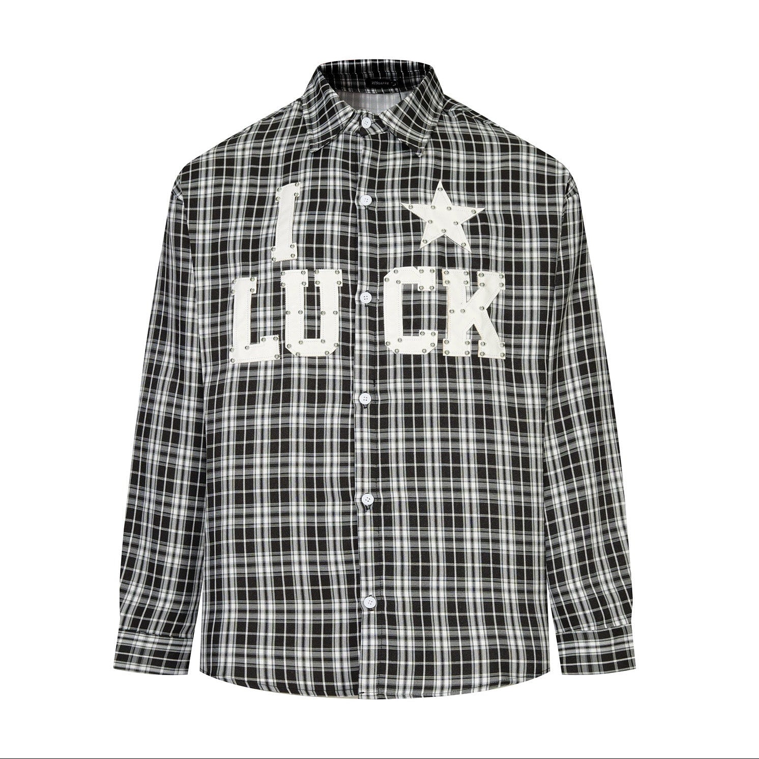 Oversized plaid long sleeve shirt with studded LUCK letter patch and star graphic in black, orange, and yellow colorways