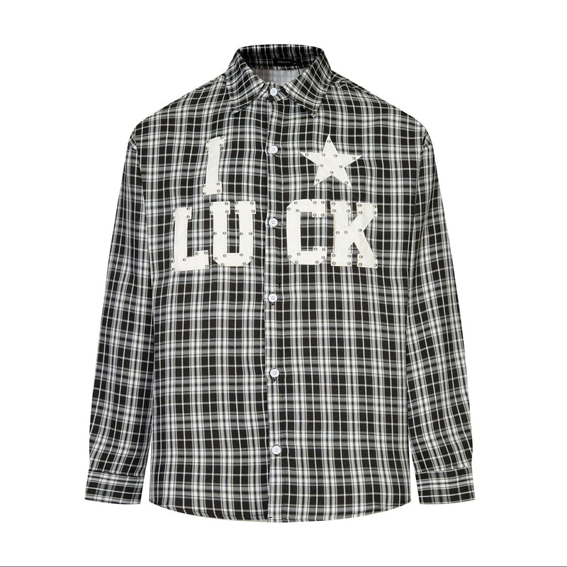 Oversized plaid long sleeve shirt with studded LUCK letter patch and star graphic in black, orange, and yellow colorways