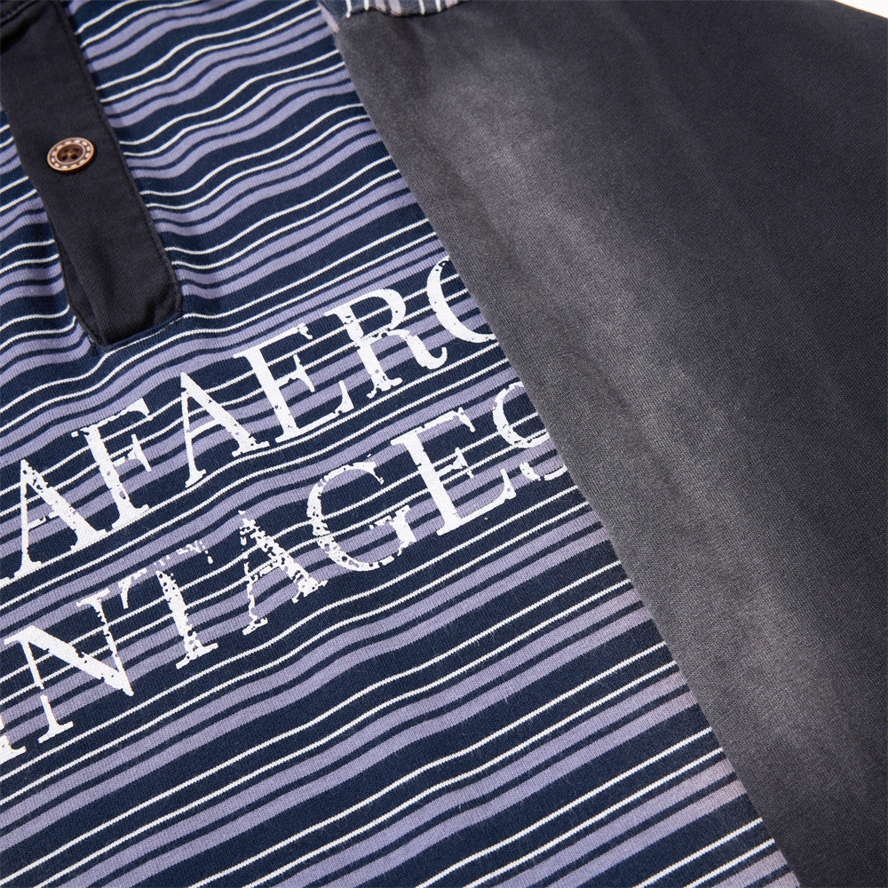 Herren-Poloshirt in Navyblau, Langarm – Vintage-Streifen, verwaschen und Relaxed Fit