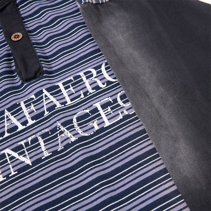 Herren-Poloshirt in Navyblau, Langarm – Vintage-Streifen, verwaschen und Relaxed Fit