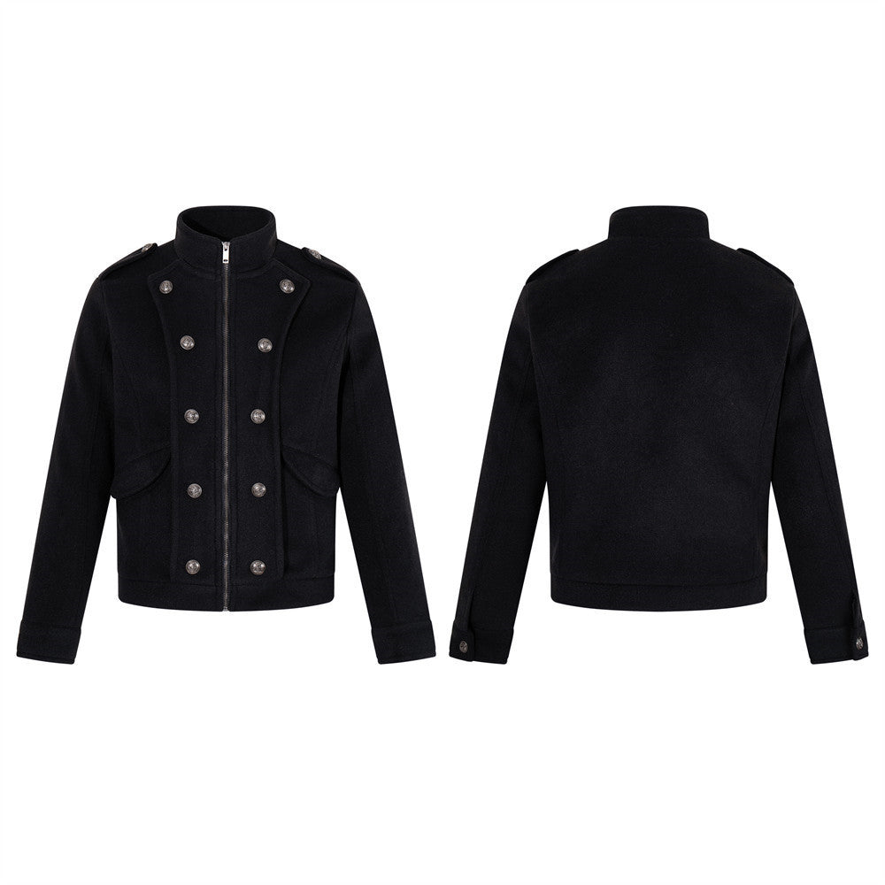Chaqueta corta negra de estilo militar para hombre con botones metálicos cruzados
