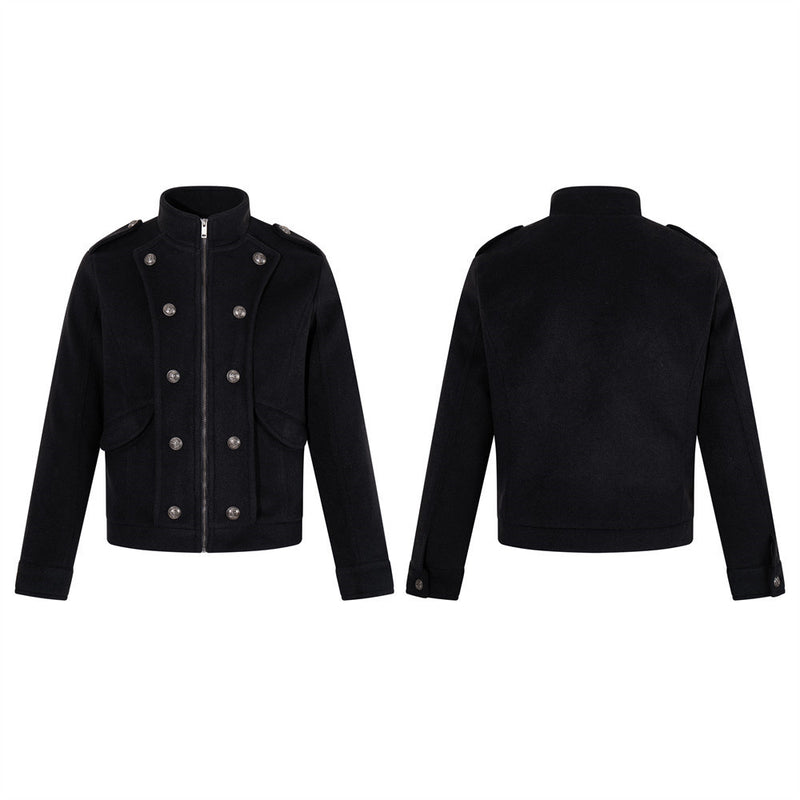 Chaqueta corta negra de estilo militar para hombre con botones metálicos cruzados