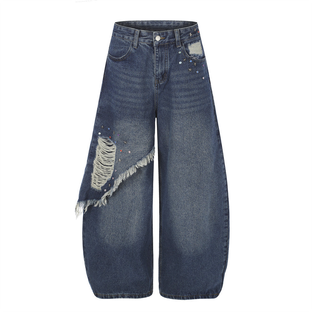 Jean déchiré pour homme à jambes larges, ornements en strass et clous étoiles, délavage bleu foncé, vue de face