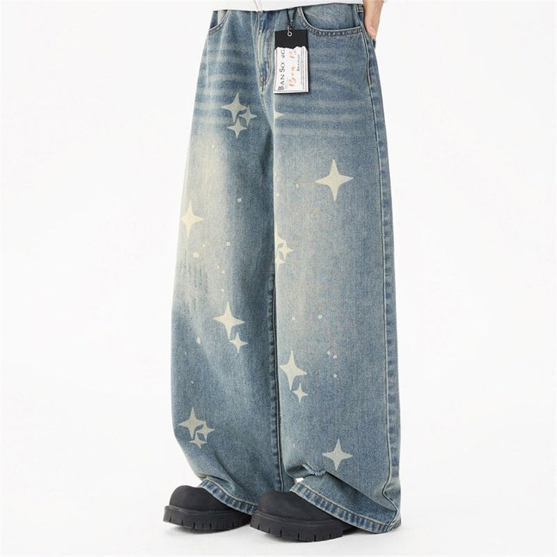 Jeans Star Print Baggy Wide-Leg Men – Washed Light Blue Straight Trousers