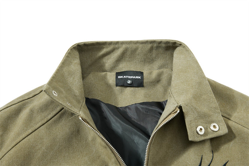 Gothic Letter Embroidered Cargo Bomber Jacket – Stand Collar, Multi-Pocket