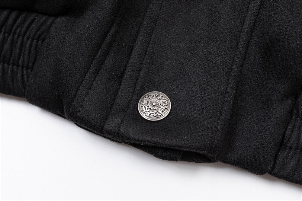 Suede Bomber Jacket Men – Collared Cross-Patch Relaxed Fit Varsity Jacket