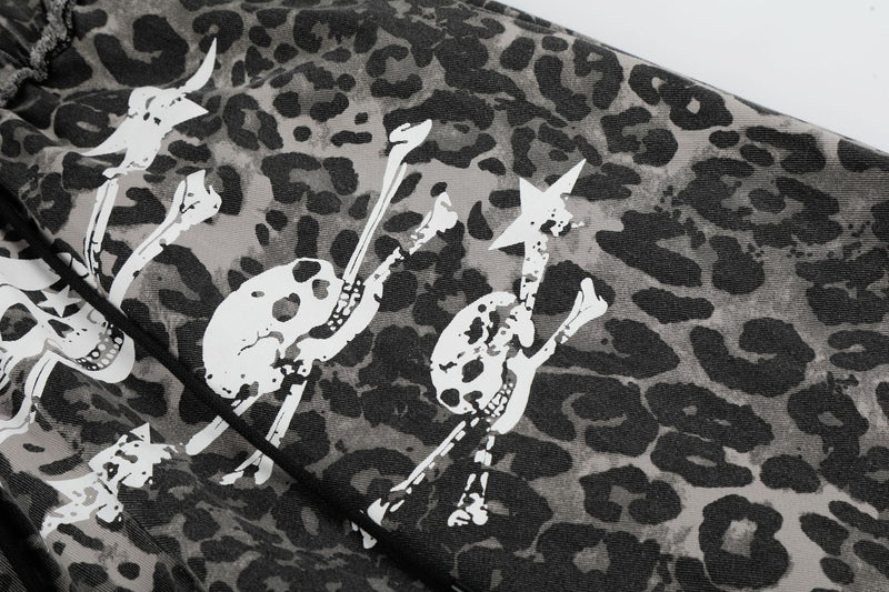 Wide-Leg Leopard Print Pants with Skull & Crossbones Graphic