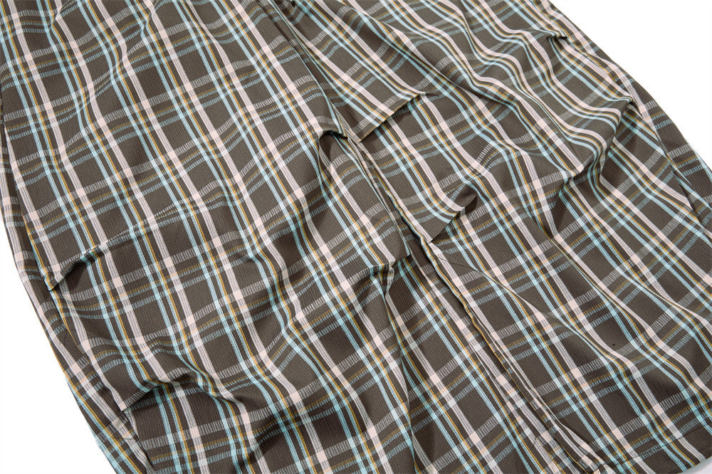 Plaid Wide-Leg Parachute Pants – Oversized Draped Fit with Drawstring Hem