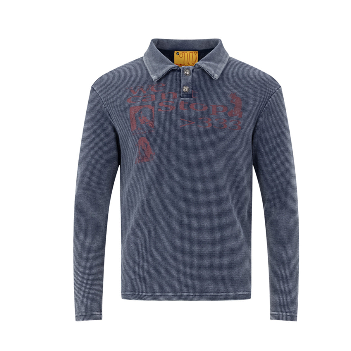 Polo gaufré à manches longues Classic Blue, imprimé graphique effet usé et col polo à boutons-pression