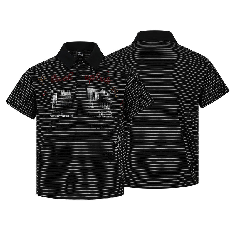 Polo de rayas con gráfico de letras de strass – Manga corta y cuello negro