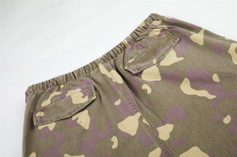 Camo Cargo Wide-Leg Pants – Vintage Washed, Multi-Pocket, Drawstring Waist