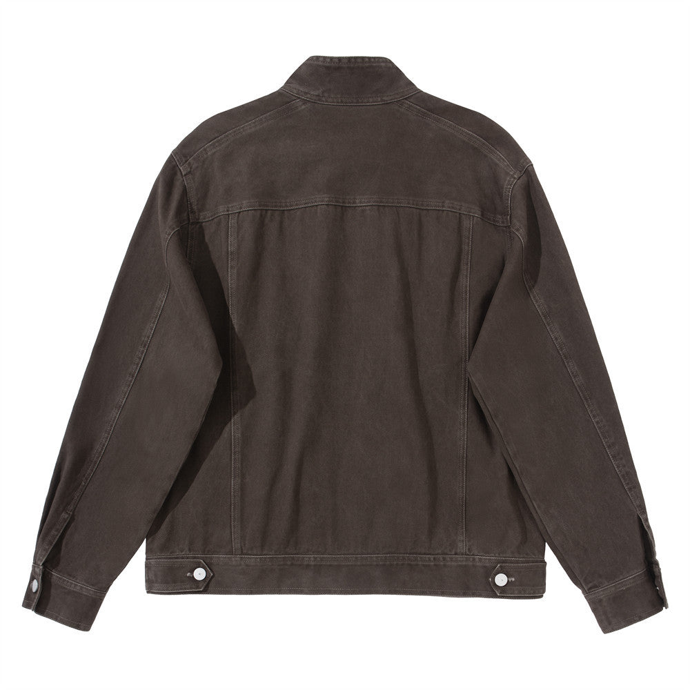 Men's Stand Collar Denim Jacket with Multi-Zip Pockets – Relaxed Fit Workwear