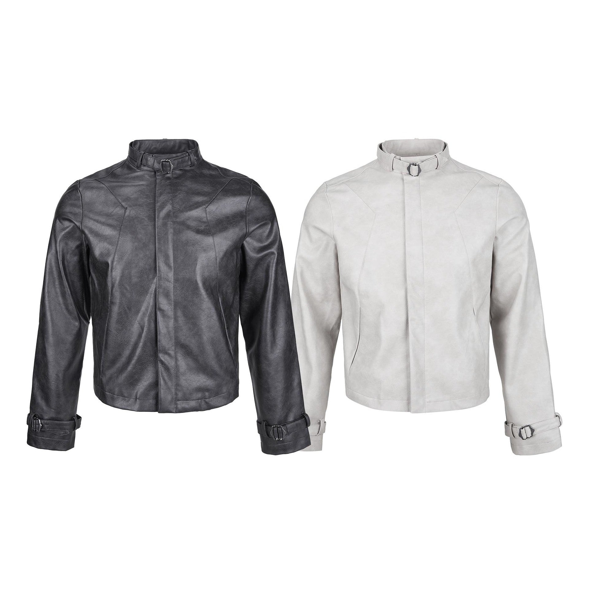 Blouson biker oversize en cuir – Style moto à col montant et poignets à boucles