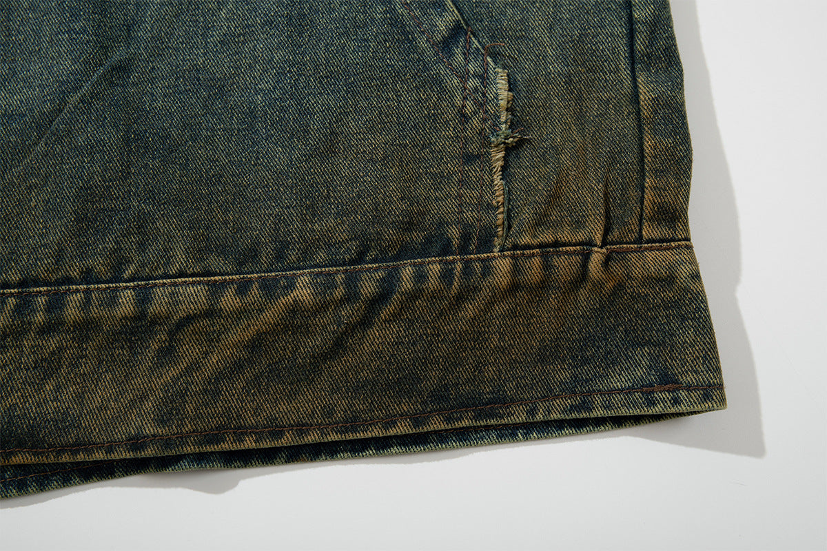 Boxy Washed Denim Hoodie Jacket with 88 Embroidered Patches