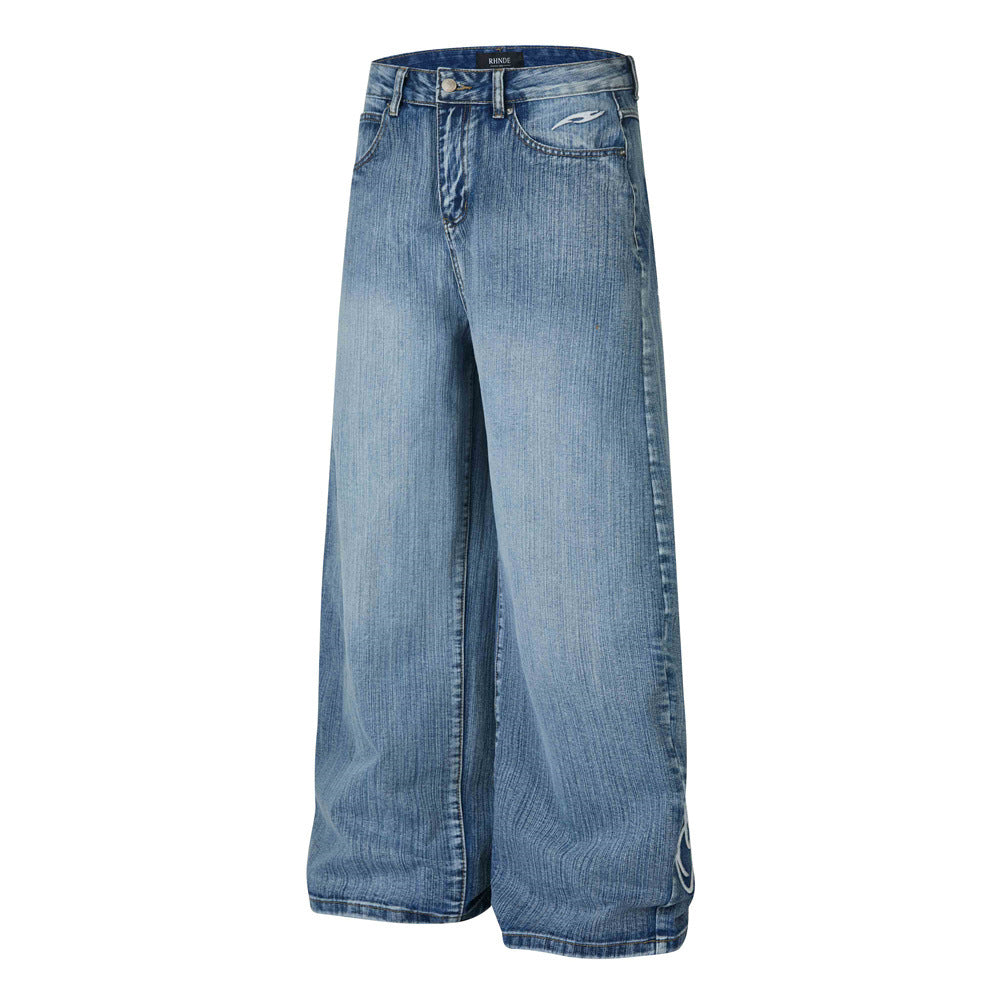 Wide-Leg Jeans Men's Washed Denim with Tribal Wing Graphic Print