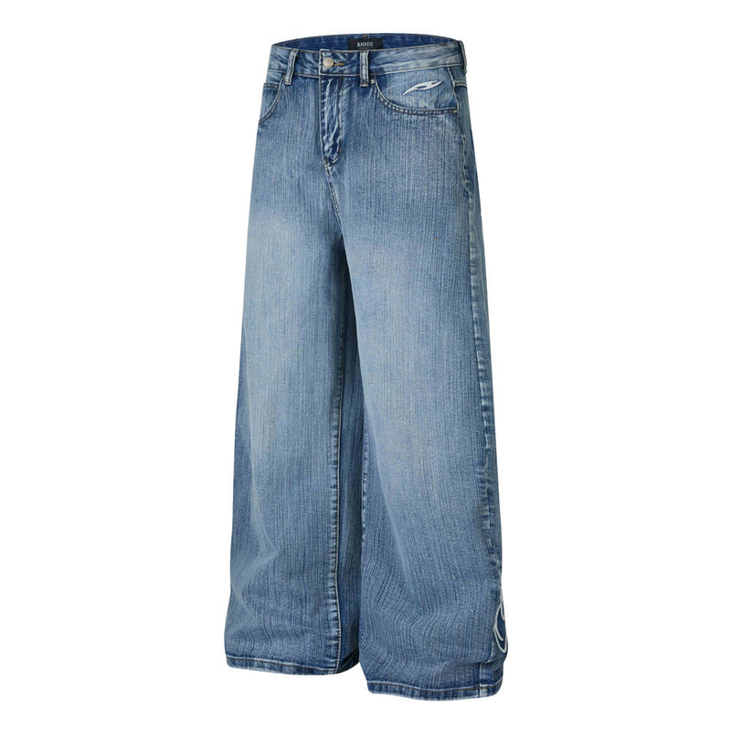 Wide-Leg Jeans Men's Washed Denim with Tribal Wing Graphic Print
