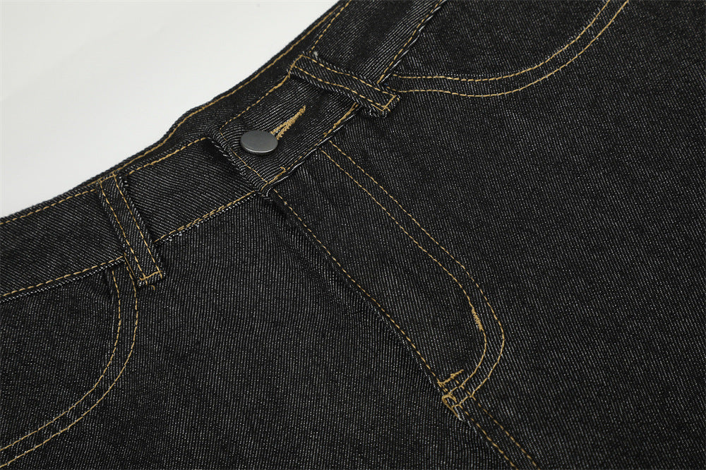 Wide-Leg Barrel Jeans – Dark Black Denim with Camo Pocket & Embroidered Graphic