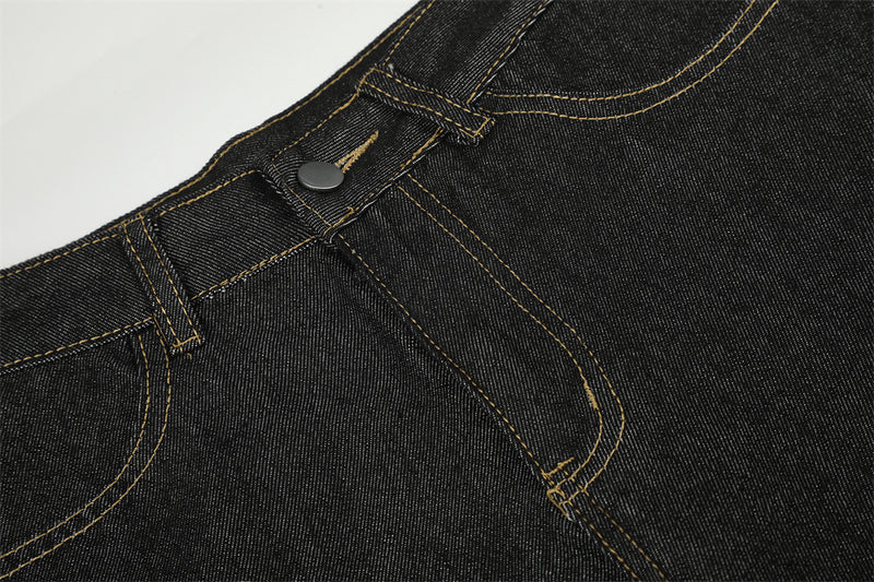 Wide-Leg Barrel Jeans – Dark Black Denim with Camo Pocket & Embroidered Graphic