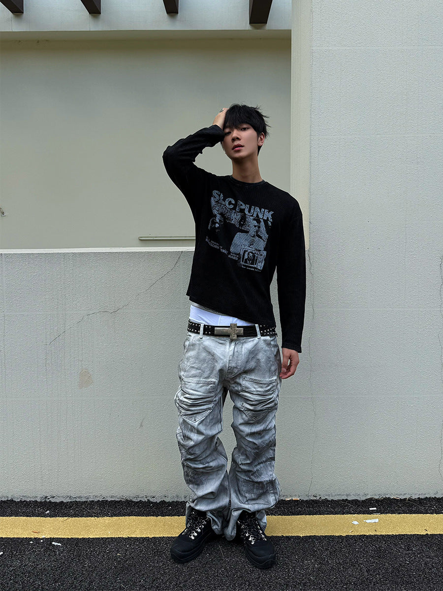 SLC Punk Langarmshirt aus Waffelstrick mit Grafikprint – Verwaschenes Schwarz
