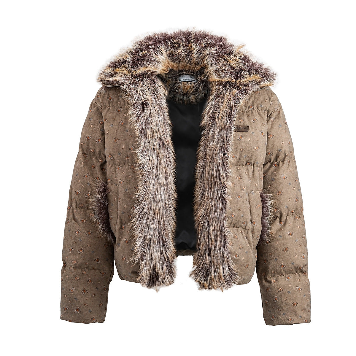 Floral Print Puffer Jacket with Faux Fur Collar – Cropped Fit Men's Winter Coat