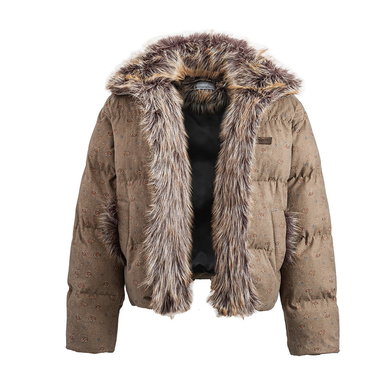 Floral Print Puffer Jacket with Faux Fur Collar – Cropped Fit Men's Winter Coat