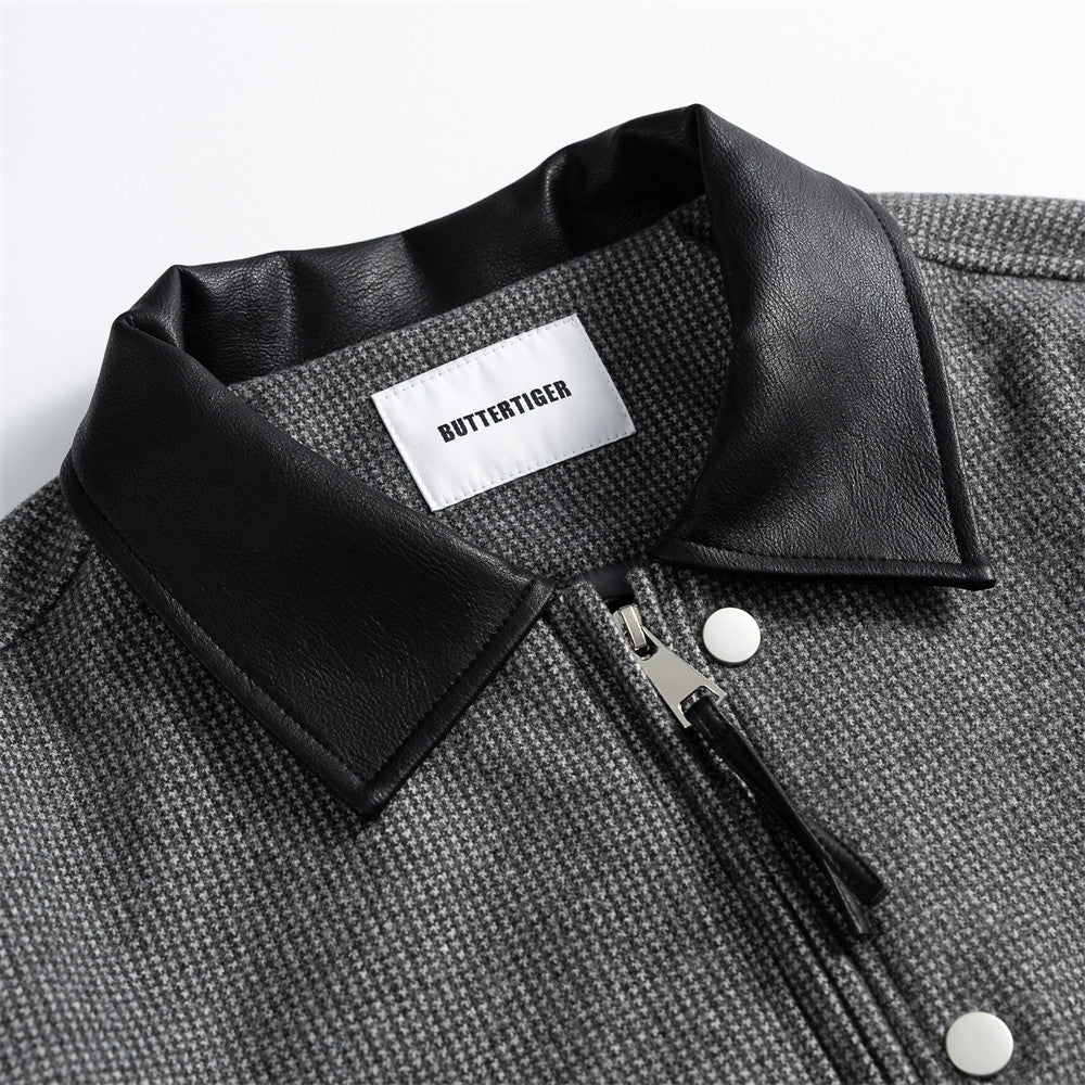 Men's Houndstooth Wool-Blend Bomber Jacket with Leather Collar & Cuffs