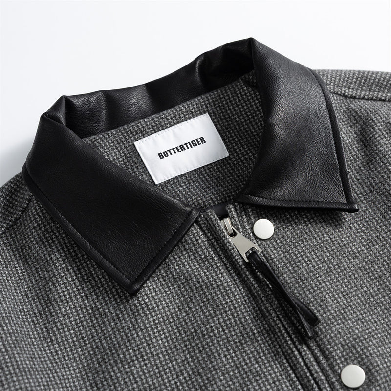 Men's Houndstooth Wool-Blend Bomber Jacket with Leather Collar & Cuffs