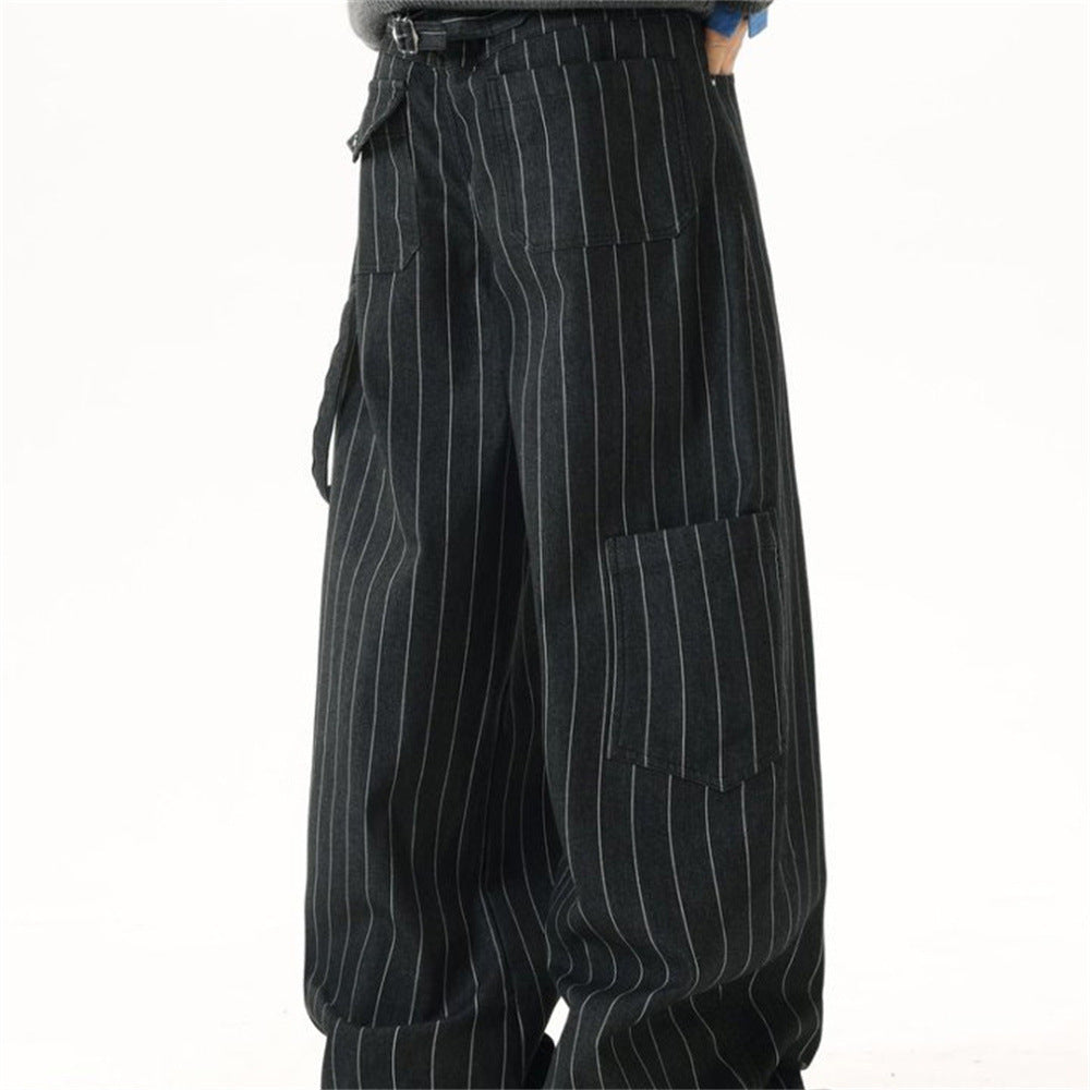 Wide-Leg Pinstripe Cargo Pants – Oversized Silhouette with Irregular Pockets