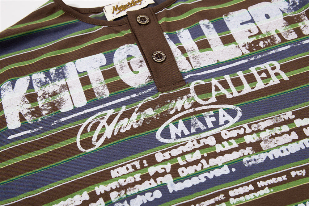 American Vintage Striped Henley Graphic T-Shirt – Oversized Short Sleeve
