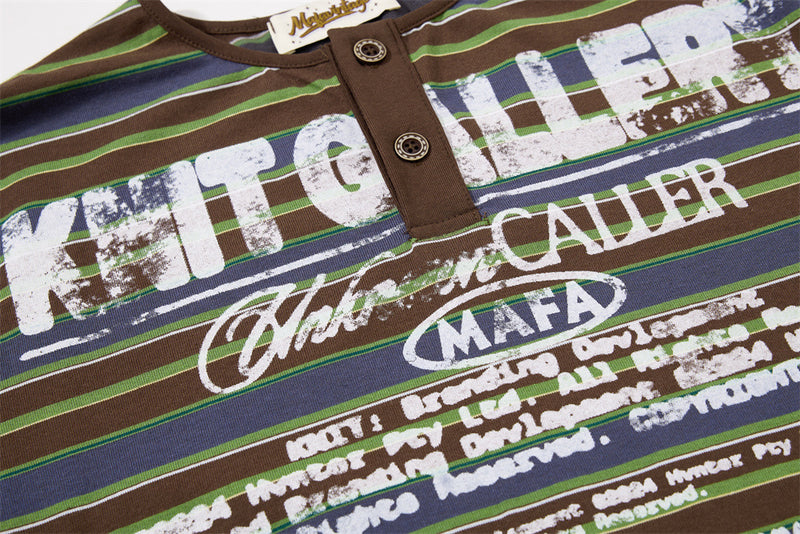 American Vintage Striped Henley Graphic T-Shirt – Oversized Short Sleeve