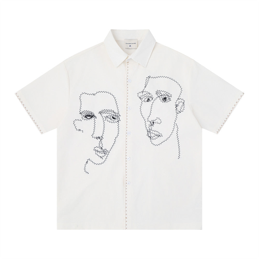 Abstract Face Embroidered Oversized Short-Sleeve Button-Up Shirt