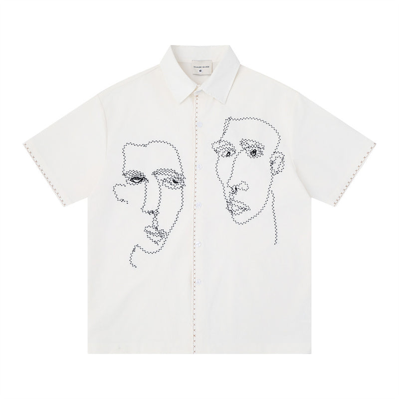Abstract Face Embroidered Oversized Short-Sleeve Button-Up Shirt