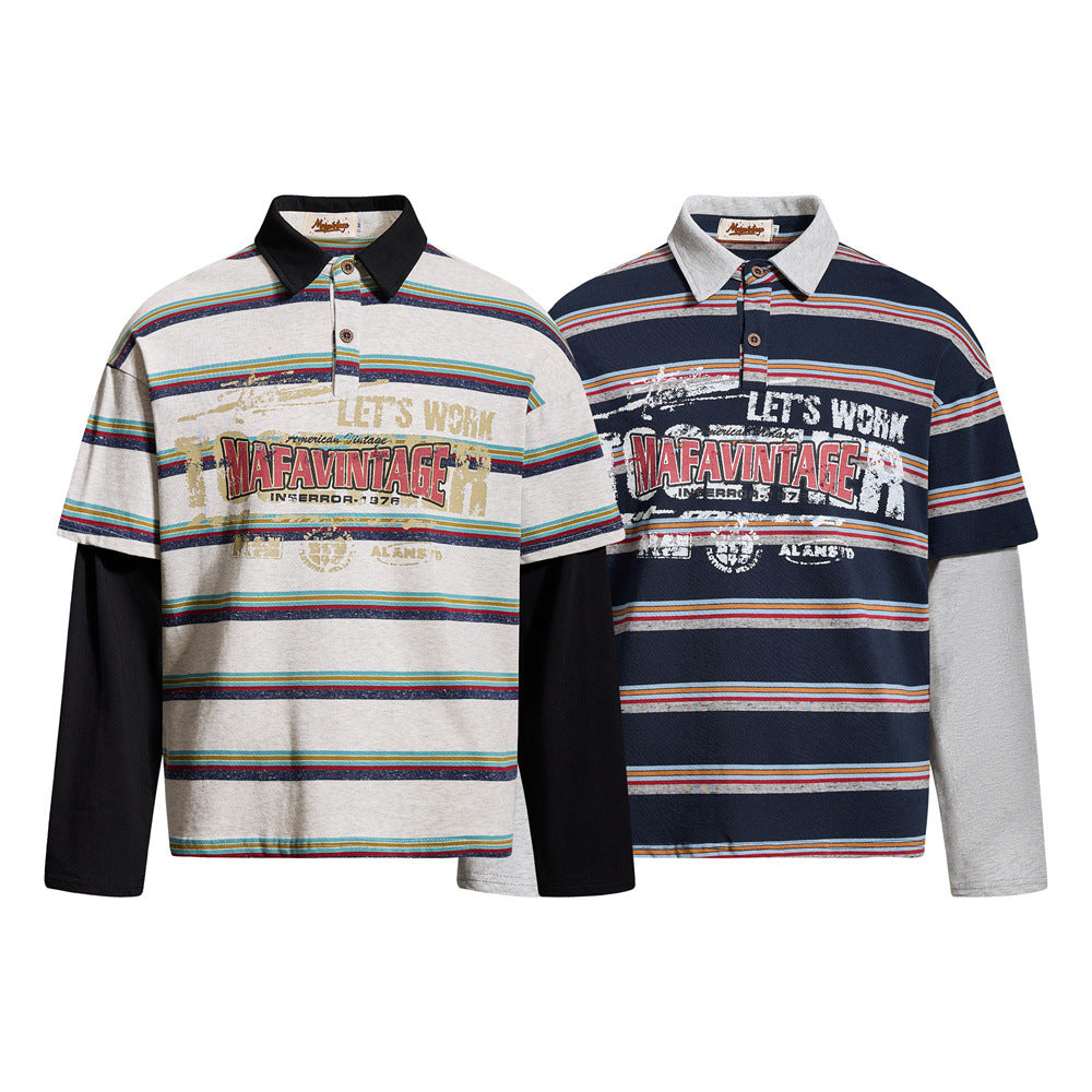 Striped Faux Two-Piece Long Sleeve Polo Shirt – Relaxed Fit with Layered Look