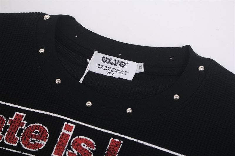 Newspaper Graphic Long Sleeve Waffle Tee – Studded Collar, Distressed Print