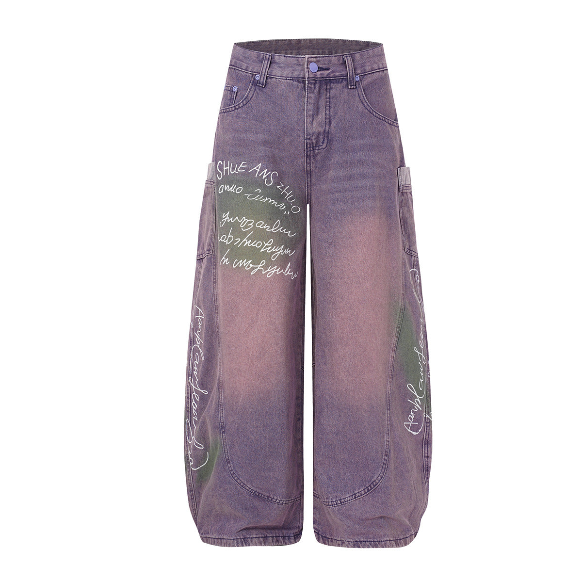 Jean violet à jambes larges et coupe tonneau, effet délavé à l'acide, imprimé graffiti blanc et accents de peinture aérosol verts, vues avant et arrière