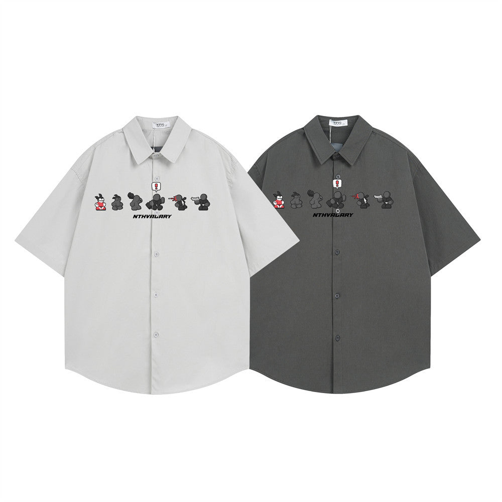 Men's Short Sleeve Shirt – Cartoon Character Print Oversized Button-Up