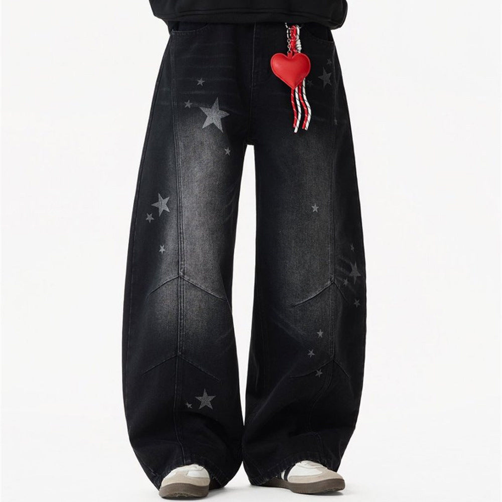 Star Print Wide-Leg Jeans – Men's Baggy Black Denim with Heart Charm