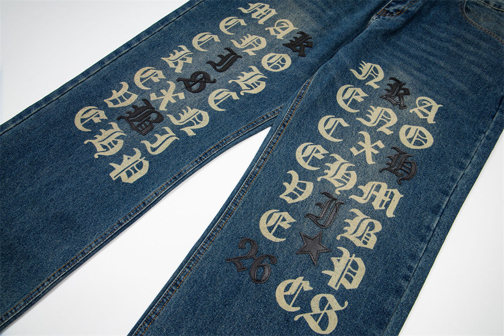 Gothic Old English Letter Print Washed Straight-Leg Jeans