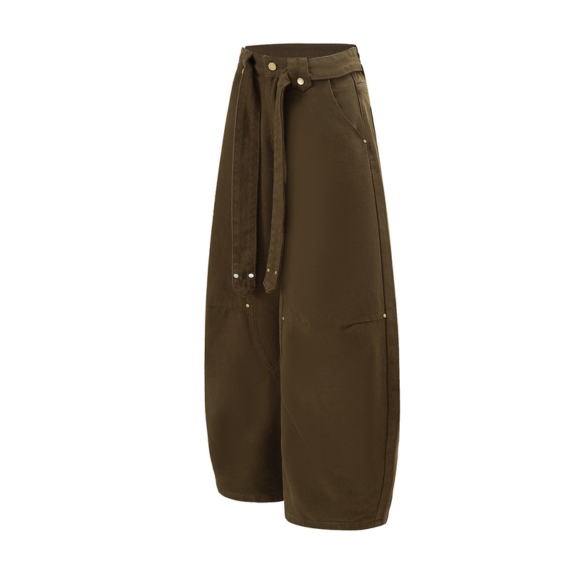 Wide-Leg Barrel Pants with Belt Strap, Pleated High-Waist Washed Casual Trousers