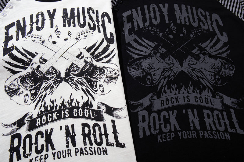 Long Sleeve Raglan Shirt – Rock 'N Roll Graphic, Black & White Striped Sleeves