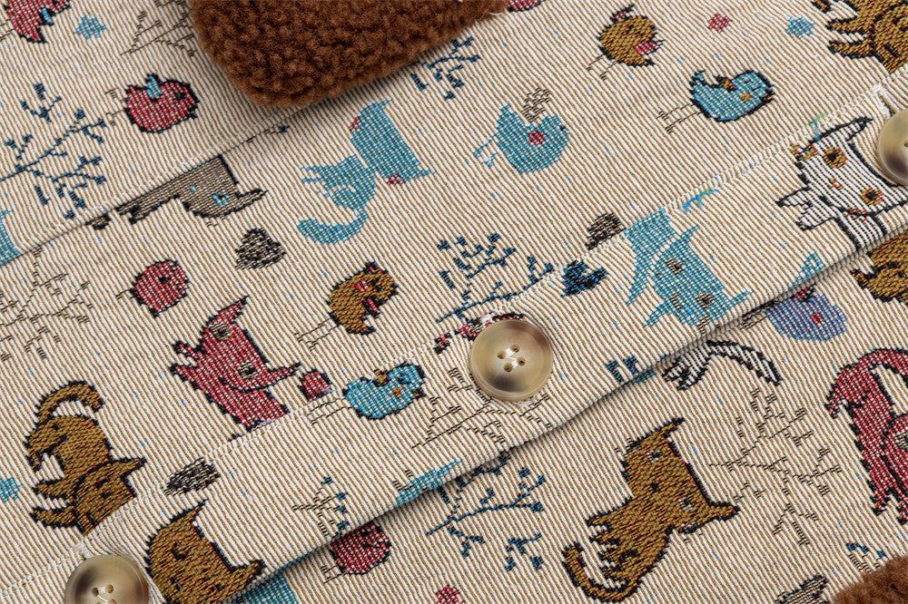 Cartoon Cat Allover Print Jacket with Fleece Collar & 3D Bear Clasp, Relaxed Fit