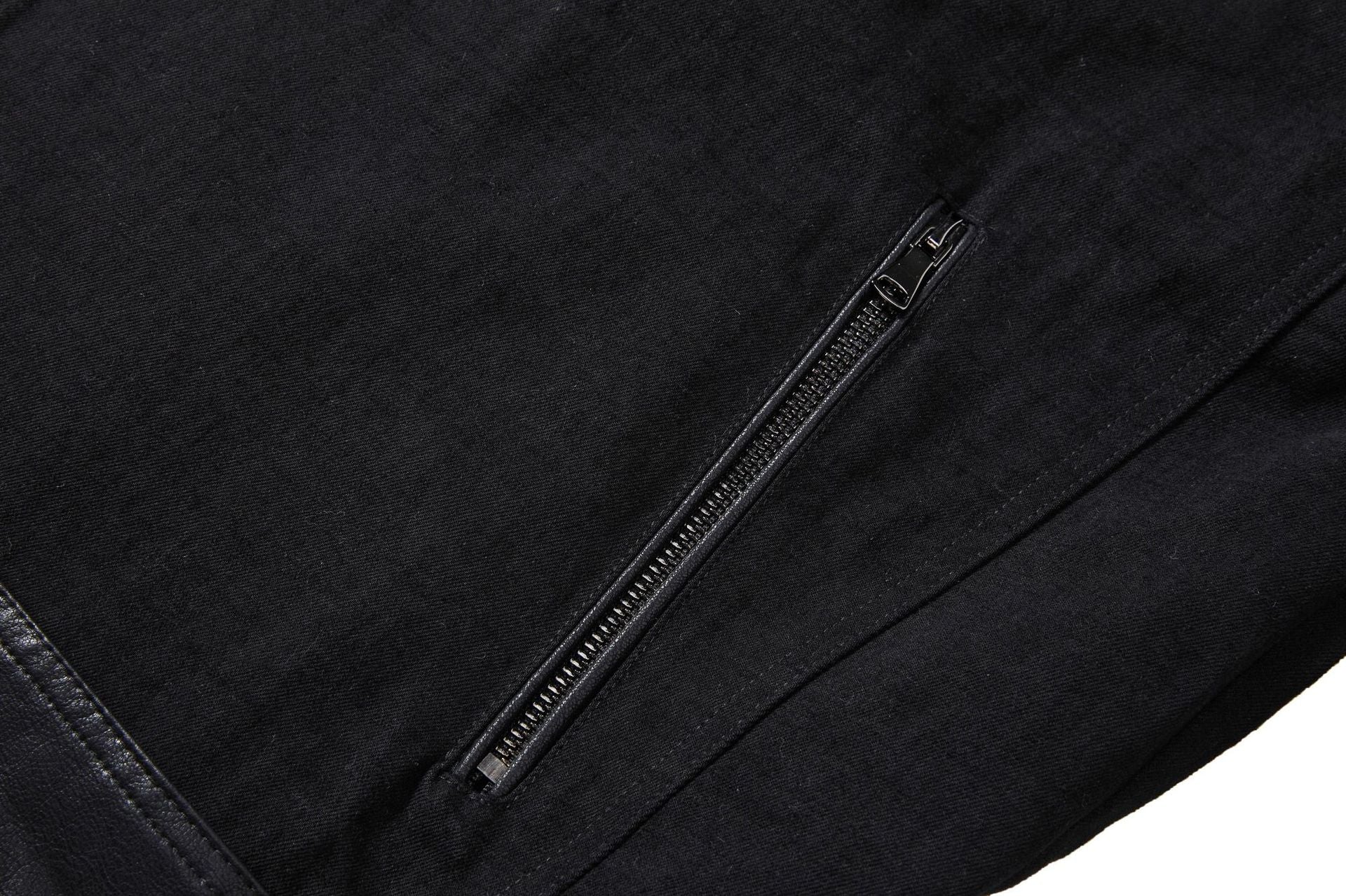 Boxy Moto Jacket – Black Denim & PU Leather Panel Biker Jacket