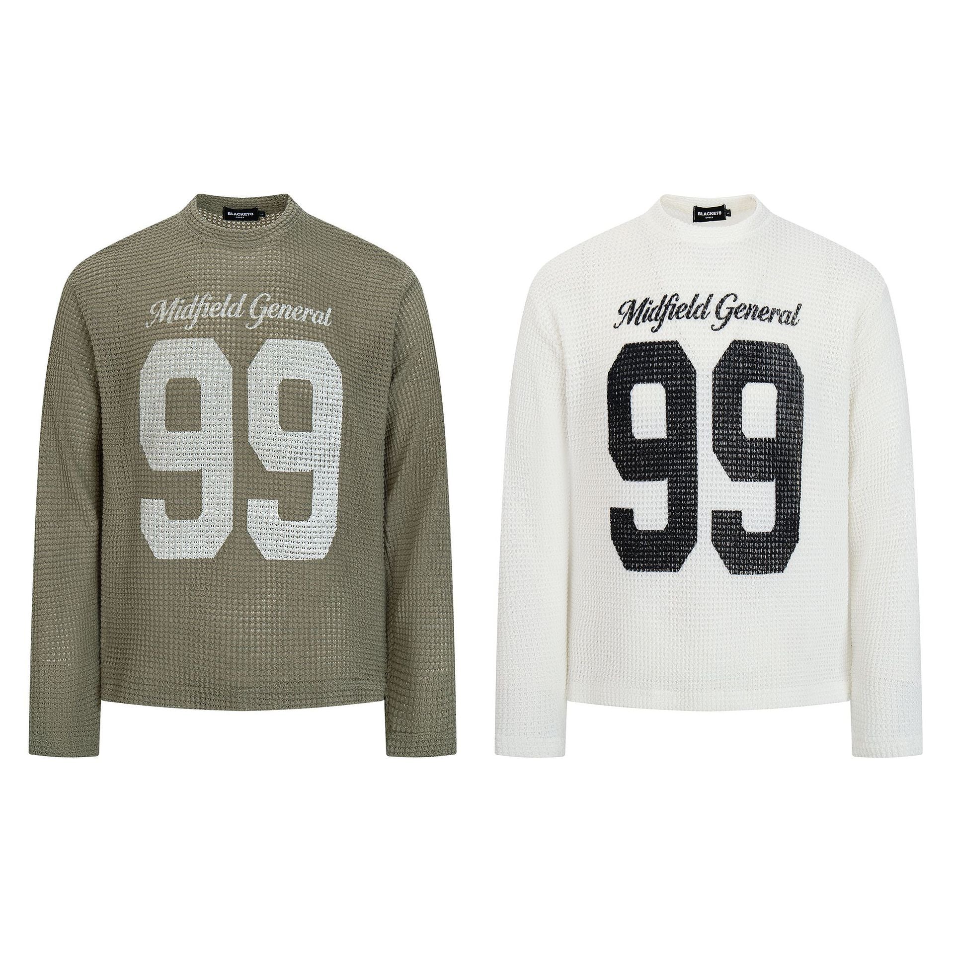 Midfield General 99 ワッフルニット長袖シャツ｜バーシティグラフィックトップス