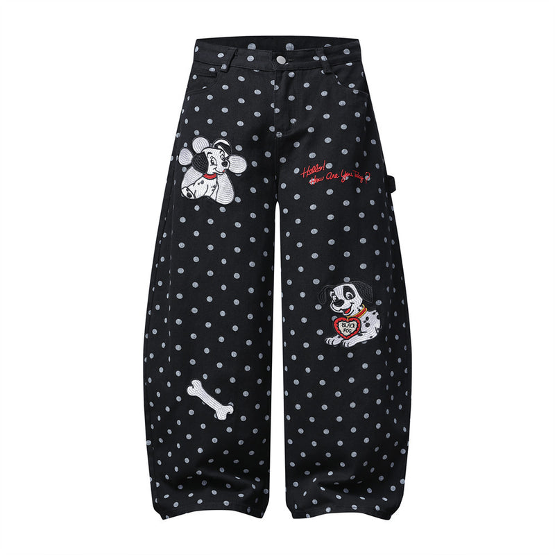 Pantalon baggy à jambes larges et à pois, avec broderie cartoon dalmatien noire, vues de face et de dos