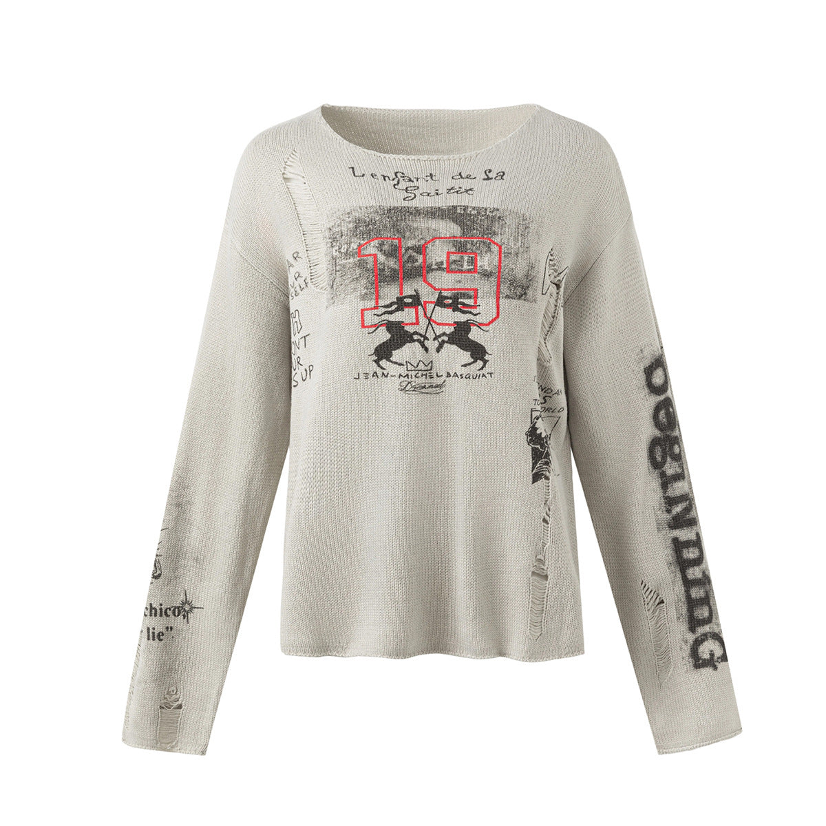 Light grey oversized distressed graphic crew neck knit sweater with Basquiat-inspired print, rearing horse motif, and red num