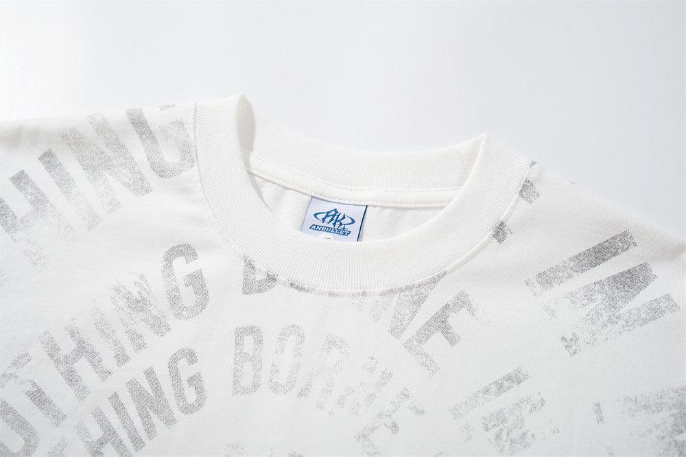 T-shirt oversize à manches longues graphique – Imprimé texte spiralé usé, col rond